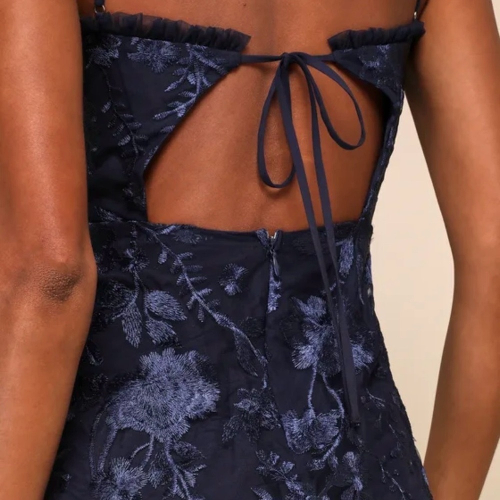 Charmingly Sophisticated Navy Blue Tulle Embroidered Midi Dress - Picture 4 of 16